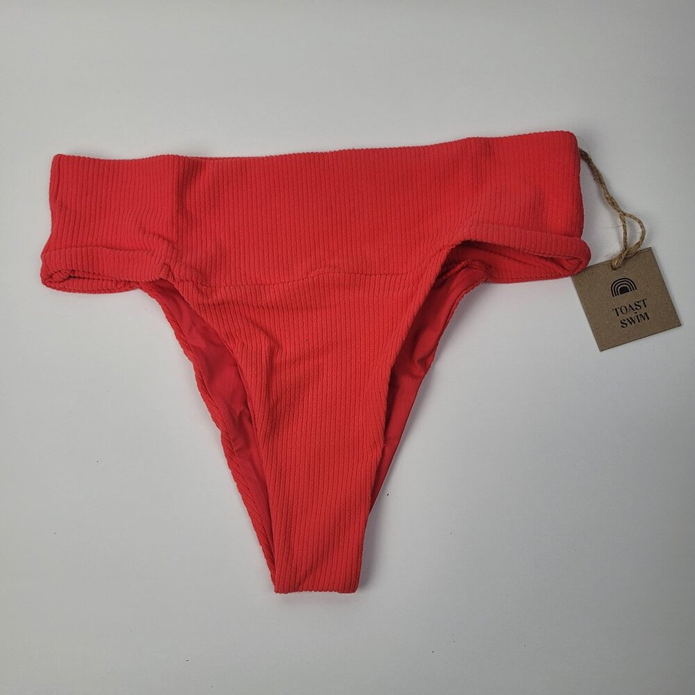 Free People Toast Swim Signature Banded Waist Bottom Fire Coral Rib Sz S NWT